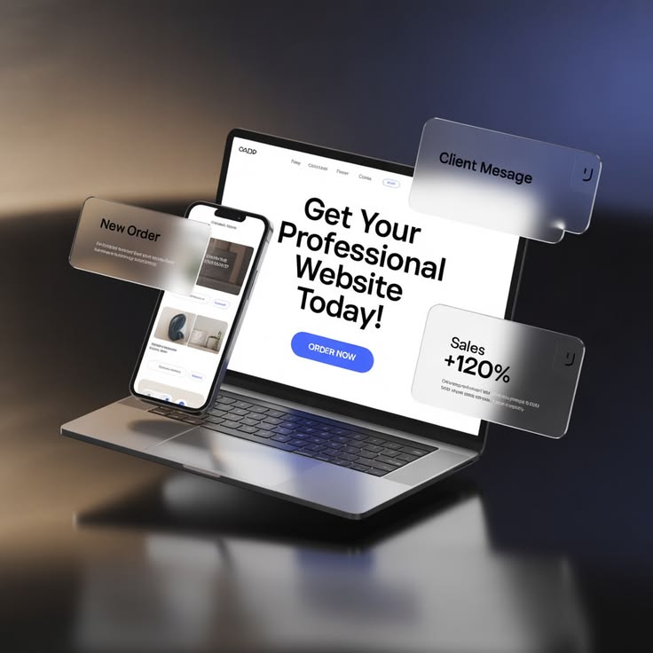 Website concept on a laptop with floating customer-message and order interfaces